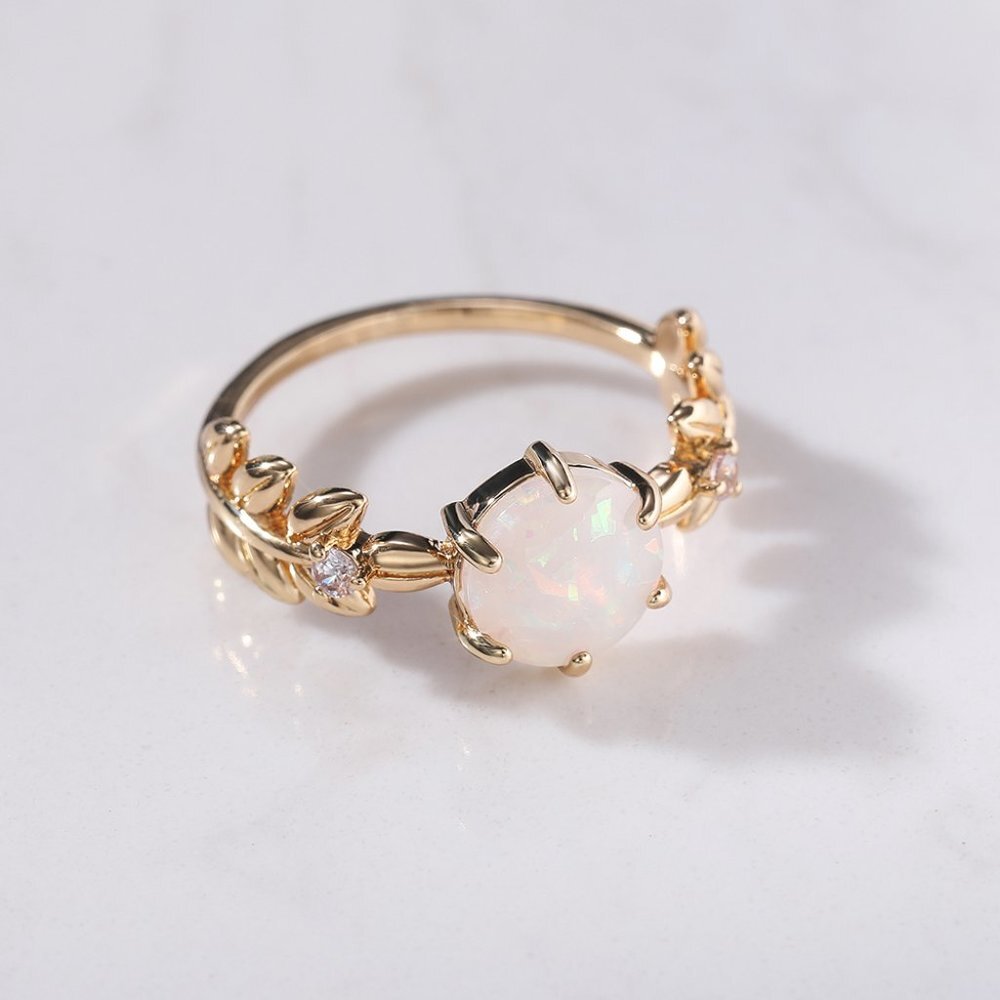 ✨Dainty Opal CZ Gold Plated Beautiful Fashion Leaf Trendy Ring Women, UNVN12038